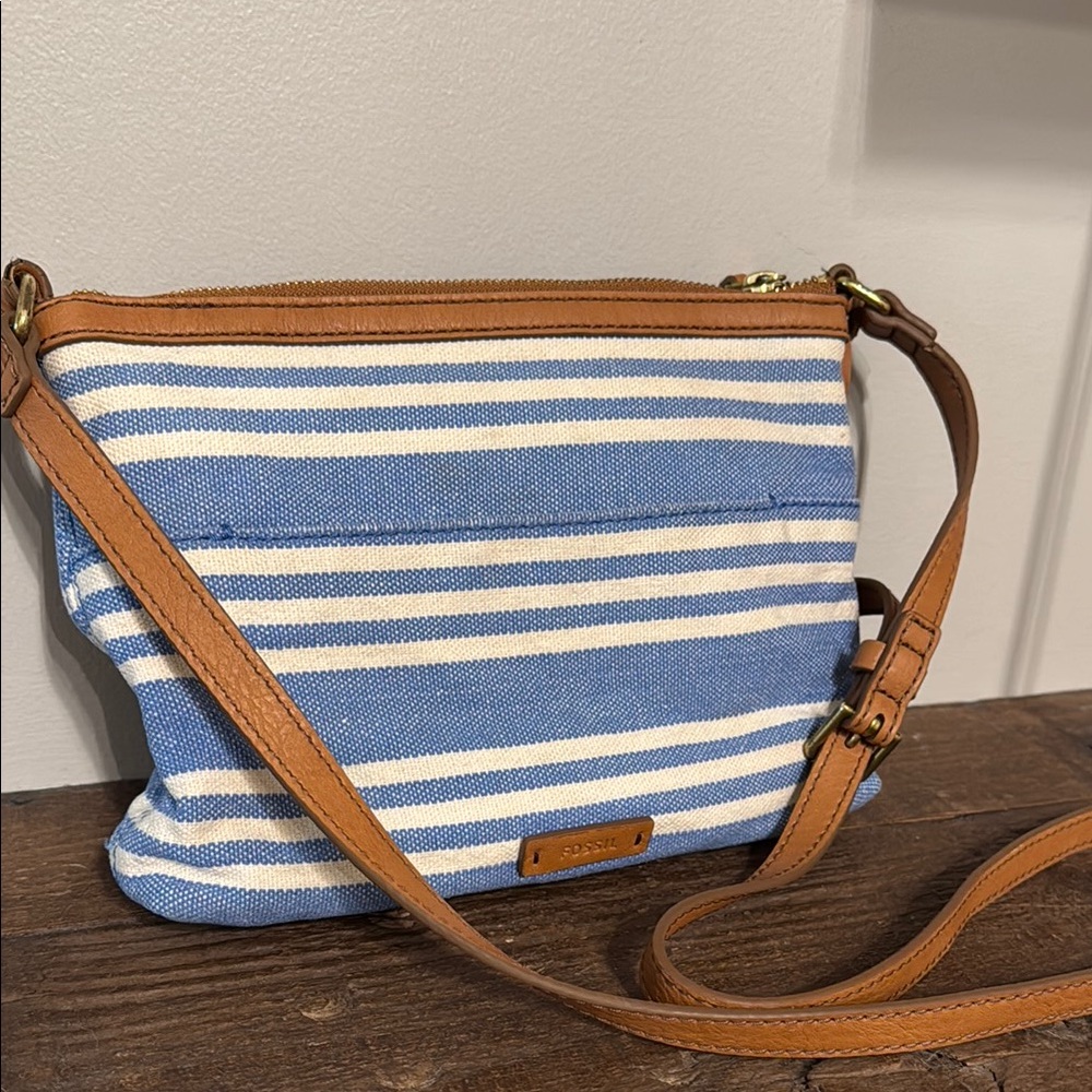 Fossil Blue and White Striped Crossbody Bag